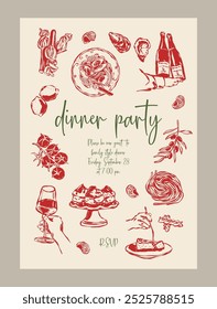 Elegant anniversary invitation template. Matisse style food and beverage illustrations.