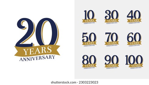 Elegantes colecciones de logos de aniversario. Número de cumpleaños para el momento de celebración con color dorado. conjunto de logotipos de 10, 20, 30, 40, 50, 60, 70, 80, 90, 100 años