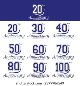 Elegant anniversary logo collections. Birthday number for celebration moment with golden color. 10, 20, 30, 40, 50, 60, 70, 80, 90, 100, years logo set