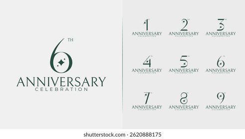 Design de logotipo de aniversário elegante. 1, 2, 3, 4, 5, 6, 7, 8, 9, símbolo de aniversário com estrela e conceito mínimo. Ícone de vetor de idade