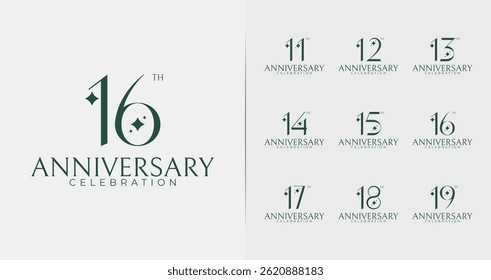 Elegant anniversary logo design. 11, 12, 13, 14, 15, 16, 17, 18, 19, birthday symbol with star and minimal concept. Age vector icon