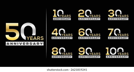 Elegant anniversary number set featuring 10 to 100 years in gold and silver gradient text on black background, ideal for celebration templates, event banners, greeting designs
