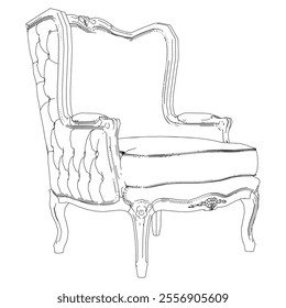 Elegant antique armchair furniture and home interior decorations in trendy vintage retro style. Modern hand drawn black sketch vector illustrations isolated on white background