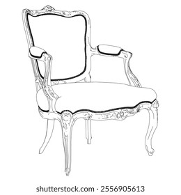 Elegant antique armchair furniture and home interior decorations in trendy vintage retro style. Modern hand drawn black sketch vector illustrations isolated on white background