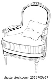 Elegant antique armchair furniture and home interior decorations in trendy vintage retro style. Modern hand drawn black sketch vector illustrations isolated on white background