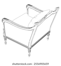 Elegant antique armchair furniture and home interior decorations in trendy vintage retro style. Modern hand drawn black sketch vector illustrations isolated on white background
