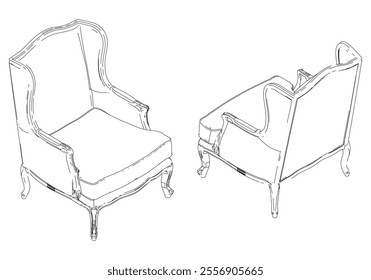 Elegant antique armchair furniture and home interior decorations in trendy vintage retro style. Modern hand drawn black sketch vector illustrations isolated on white background