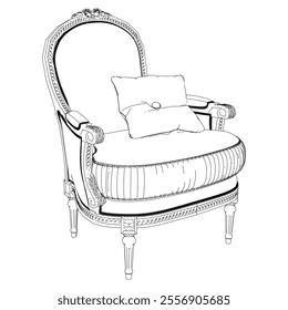 Elegant antique armchair furniture and home interior decorations in trendy vintage retro style. Modern hand drawn black sketch vector illustrations isolated on white background
