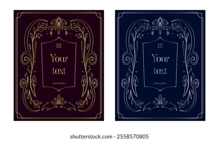 Elegant Antique Frame with Gold and Silver Floral Motifs on Dark Background. Ideal for Luxury Invitations, Cards, Premium Book Covers, or Art Deco Designs. Vector Flat Illustration.