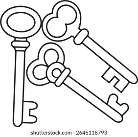 Elegant Antique Key Collection Whimsical Line Art Outlines of Vintage Keys with Intricate Designs Perfect for Coloring Books and Creative Projects Isolated on White Background