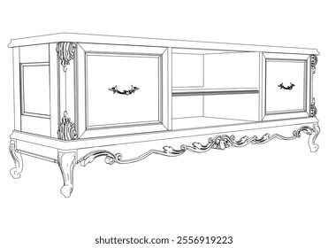 Elegant antique sideboard furniture and home interior decorations in trendy vintage retro style. Modern hand drawn black sketch vector illustrations isolated on white background