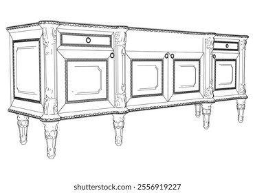 Elegant antique sideboard furniture and home interior decorations in trendy vintage retro style. Modern hand drawn black sketch vector illustrations isolated on white background