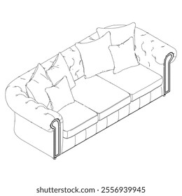 Elegant antique sofa furniture and home interior decorations in trendy vintage retro style. Modern hand drawn black sketch vector illustrations isolated on white background
