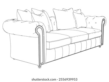 Elegant antique sofa furniture and home interior decorations in trendy vintage retro style. Modern hand drawn black sketch vector illustrations isolated on white background