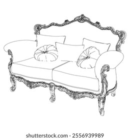 Elegant antique sofa furniture and home interior decorations in trendy vintage retro style. Modern hand drawn black sketch vector illustrations isolated on white background