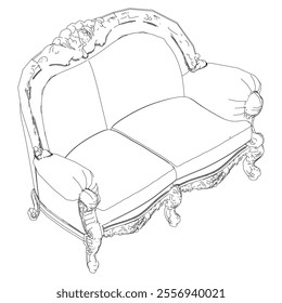 Elegant antique sofa furniture and home interior decorations in trendy vintage retro style. Modern hand drawn black sketch vector illustrations isolated on white background