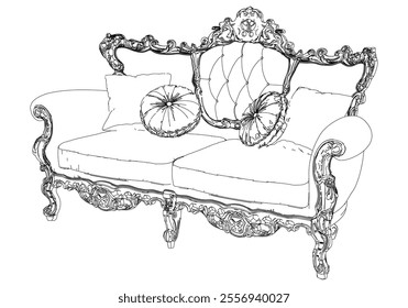 Elegant antique sofa furniture and home interior decorations in trendy vintage retro style. Modern hand drawn black sketch vector illustrations isolated on white background