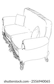 Elegant antique sofa furniture and home interior decorations in trendy vintage retro style. Modern hand drawn black sketch vector illustrations isolated on white background
