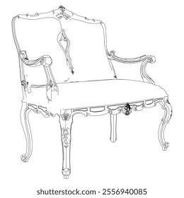 Elegant antique sofa furniture and home interior decorations in trendy vintage retro style. Modern hand drawn black sketch vector illustrations isolated on white background