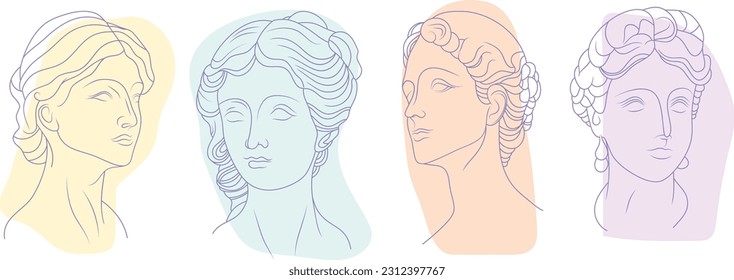 Elegantes estatuas de época. Ilustración dibujada a mano en un estilo vectorial moderno. Cabezas de mujer, objetos de arte antiguos, cabezas, bustos y mármol de suave color pastel. Estilo lineal aislado en blanco