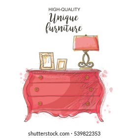 Elegant antique vintage vector chest isolated sketch hand drown furniture doodles, store, apartment, promotion, sale, ads