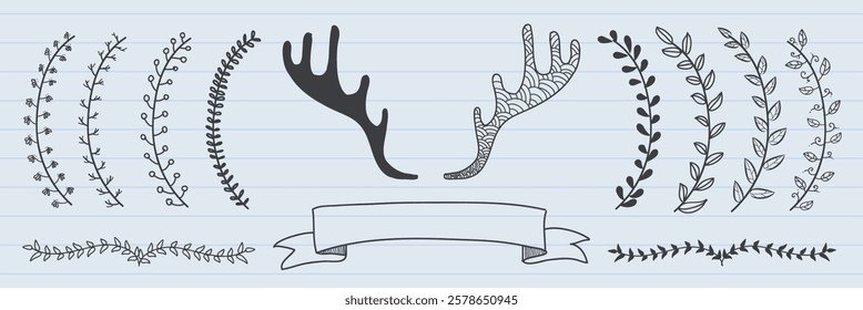 Elegant antler and leaf designs. Antler motifs with intricate leaf patterns. Decorative antler and leaf elements for creative projects. Aesthetic illustrations, isolated vector set.