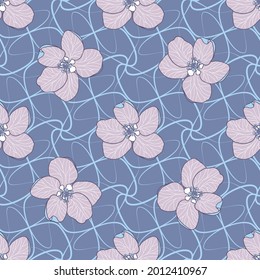 Elegant apple flowers on blue twisting line mesh. Modern floral seamless vector pattern suitable for fashion fabrics, wallpapers, curtains, upholstery and wrapping paper.  