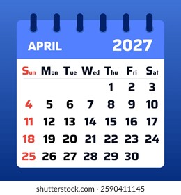 Elegant April 2027 calendar with a neat grid design. Perfect for time management, monthly scheduling, and personal organization.