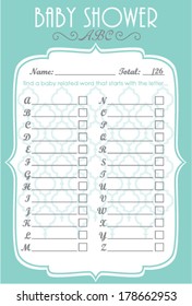 Elegant Aqua Blue Color Baby Shower Alphabet Layout Template, Do it Yourself Word Game with beautiful abstract design theme for boy and girl, Classic Mosaic Tile mommy to be activity card