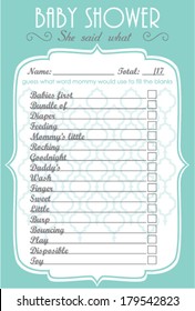 Elegant Aqua Blue Color Baby Shower She said what Layout Template, Do it Yourself Word Game with beautiful abstract design theme for boy and girl, Classic Mosaic Tile mommy to be activity card