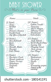 Elegant Aqua Blue Color Baby Shower What's in your Purse Layout Template, Do it Yourself Word Game with beautiful abstract design theme for boy and girl, Classic Mosaic Tile mommy to be activity card