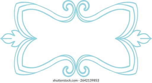 Elegant aqua blue ornamental frame outline with symmetrical swirls and leaf accents. Perfect for decorative labels, invites, packaging, or artistic vintage-style graphic projects.