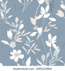 Elegant Aqua Terra Brown French Grey White Abstract Wild Flower Elegant Leaf Watercolor Scandinavian Design Seamless Pattern Wallpaper Curtain Bedding Upholstery Pastel Background Vector