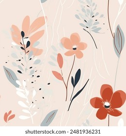 Elegant Aqua Terra Brown French Grey White Abstract Wild Flower Elegant Leaf Watercolor Scandinavian Design Seamless Pattern Wallpaper Curtain Bedding Upholstery Pastel Background Vector