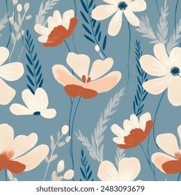 Elegant Aqua Terra Brown French Grey White Abstract Wild Flower Elegant Leaf Watercolor Scandinavian Design Seamless Pattern Wallpaper Curtain Bedding Upholstery Pastel Background Vector