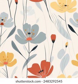 Elegant Aqua Terra Brown French Grey White Abstract Wild Flower Elegant Leaf Watercolor Scandinavian Design Seamless Pattern Wallpaper Curtain Bedding Upholstery Pastel Background Vector