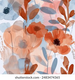 Elegant Aqua Terra Brown French Grey White Abstract Wild Flower Elegant Leaf Watercolor Scandinavian Design Seamless Pattern Wallpaper Curtain Bedding Upholstery Pastel Background Vector