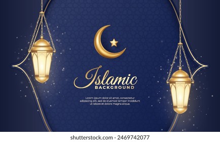 Elegante fondo árabe islámico con luna creciente, estrella y linterna dorada. Póster, Plantilla de volante con espacio de texto.