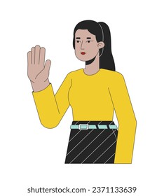 Elegant arab woman hello wave 2D linear cartoon character. Middle eastern lady greeting isolated line vector person white background. Stop hand. Turkish female saying hi color flat spot illustration