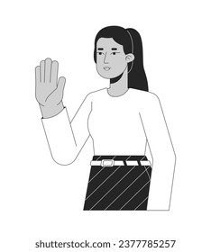 Elegant arab woman hello wave black and white 2D line cartoon character. Middle eastern lady greeting isolated vector outline person. Turkish female saying hi monochromatic flat spot illustration