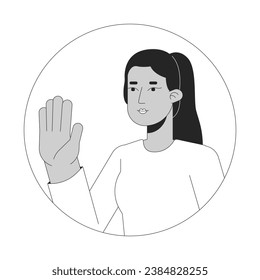 Elegant arab woman hello wave black and white 2D vector avatar illustration. Middle eastern lady greeting outline cartoon character face isolated. Turkish female saying hi flat user profile image