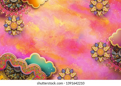 Elegant arabesque flower patterns on fuchsia watercolor background