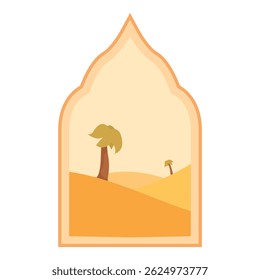 Elegante janela de estilo árabe enquadrando uma paisagem tranquila do deserto com palmeiras silhuetadas contra um céu quente e convidativo