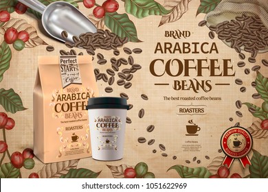 Elegant Arabica coffee beans ads, engraving style coffee plants with takeaway cup and packaging in 3d illustration