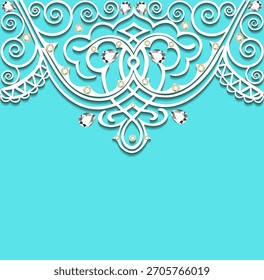 Elegante patrón de encaje blanco al estilo árabe con diamantes de imitación en colores turquesa y blanco para fondos decorativos con espacio de copia
