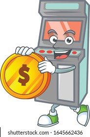 an elegant arcade game machine mascot cartoon design with gold coin