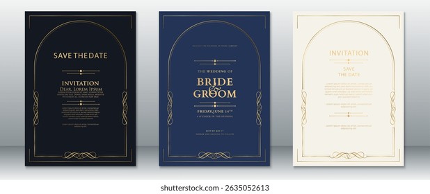 Invitaciones elegantes de la Boda del marco del arco en fondos negros, marinos y crema