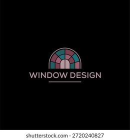 Elegant arched window logo with stained glass mosaic style. Minimalist colorful window design for interior, architecture, or home decor branding. Professional vector icon on black background.