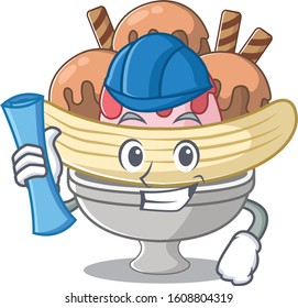 Elegant Architect banana split having blue prints and blue helmet