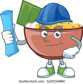 Elegant Architect bowl of noodle having blue prints and blue helmet